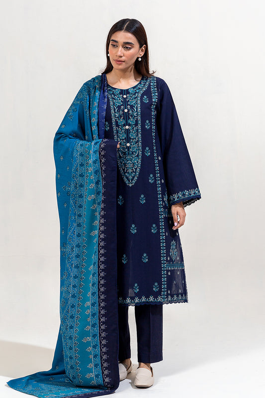 3 PIECE EMBROIDERED KHADDAR SUIT-INTRICATE NAVY (UNSTITCHED)