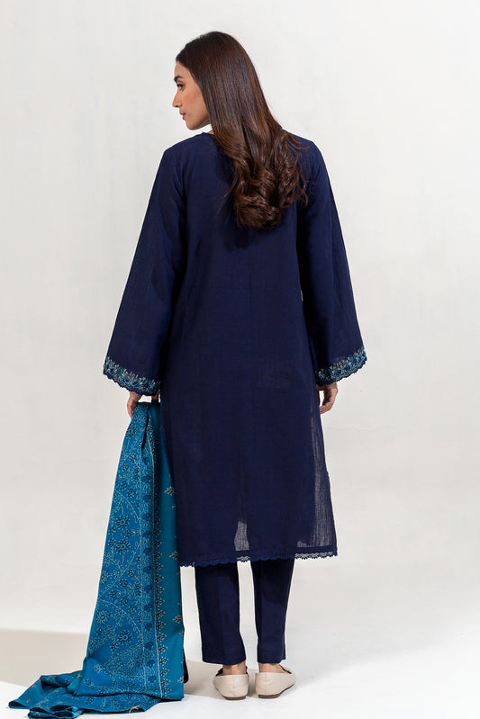 3 PIECE EMBROIDERED KHADDAR SUIT-INTRICATE NAVY (UNSTITCHED)