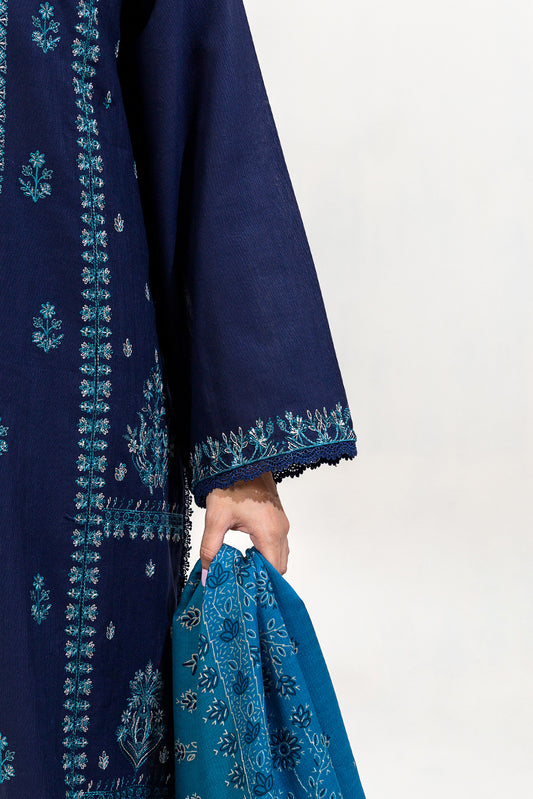 3 PIECE EMBROIDERED KHADDAR SUIT-INTRICATE NAVY (UNSTITCHED)