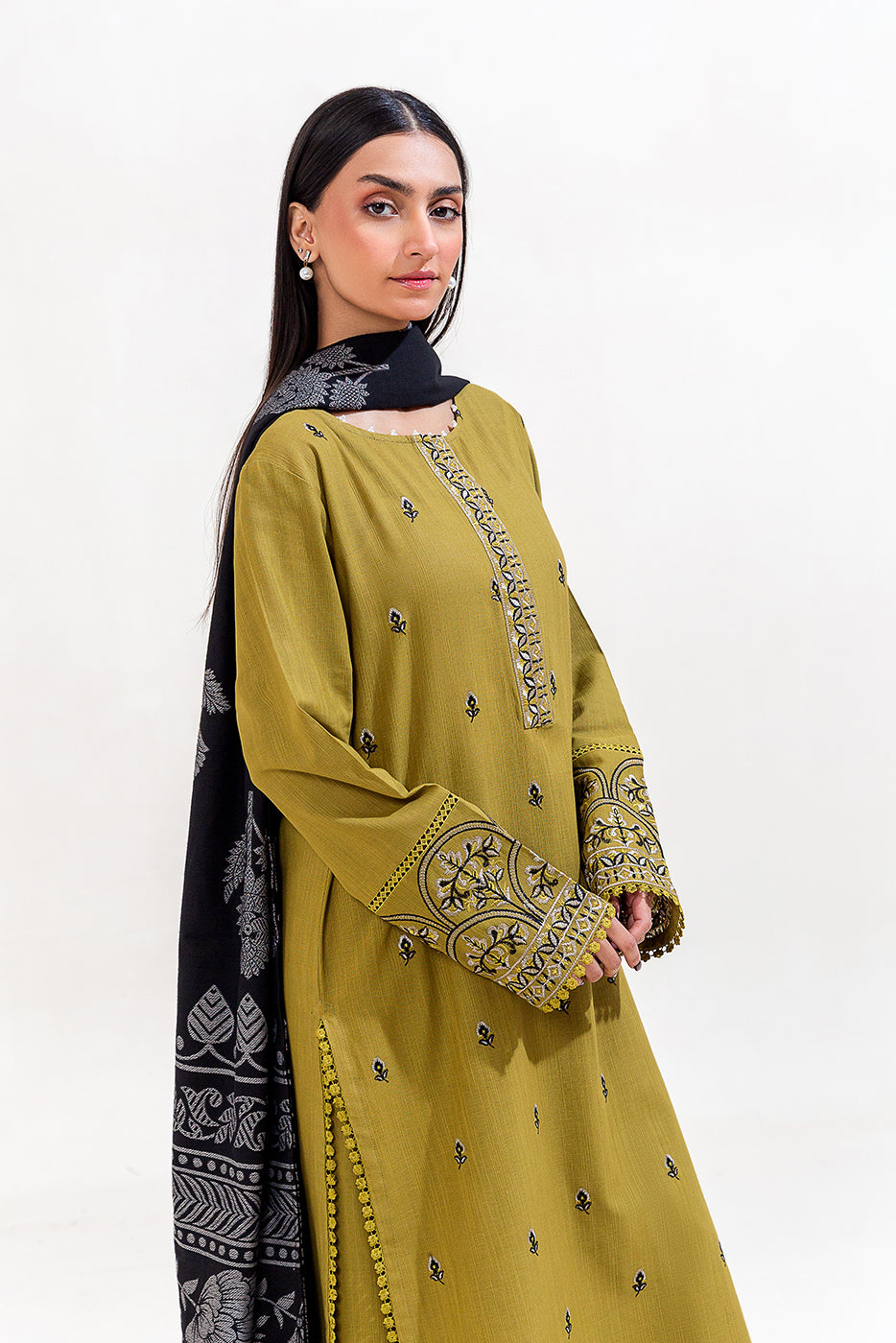 3 PIECE EMBROIDERED KHADDAR SUIT-OLIVE WHISPER (UNSTITCHED)