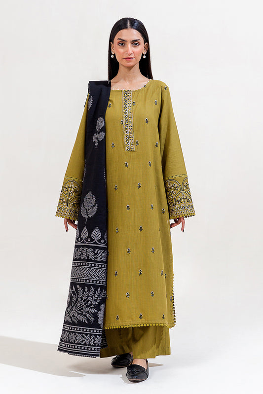 3 PIECE EMBROIDERED KHADDAR SUIT-OLIVE WHISPER (UNSTITCHED)