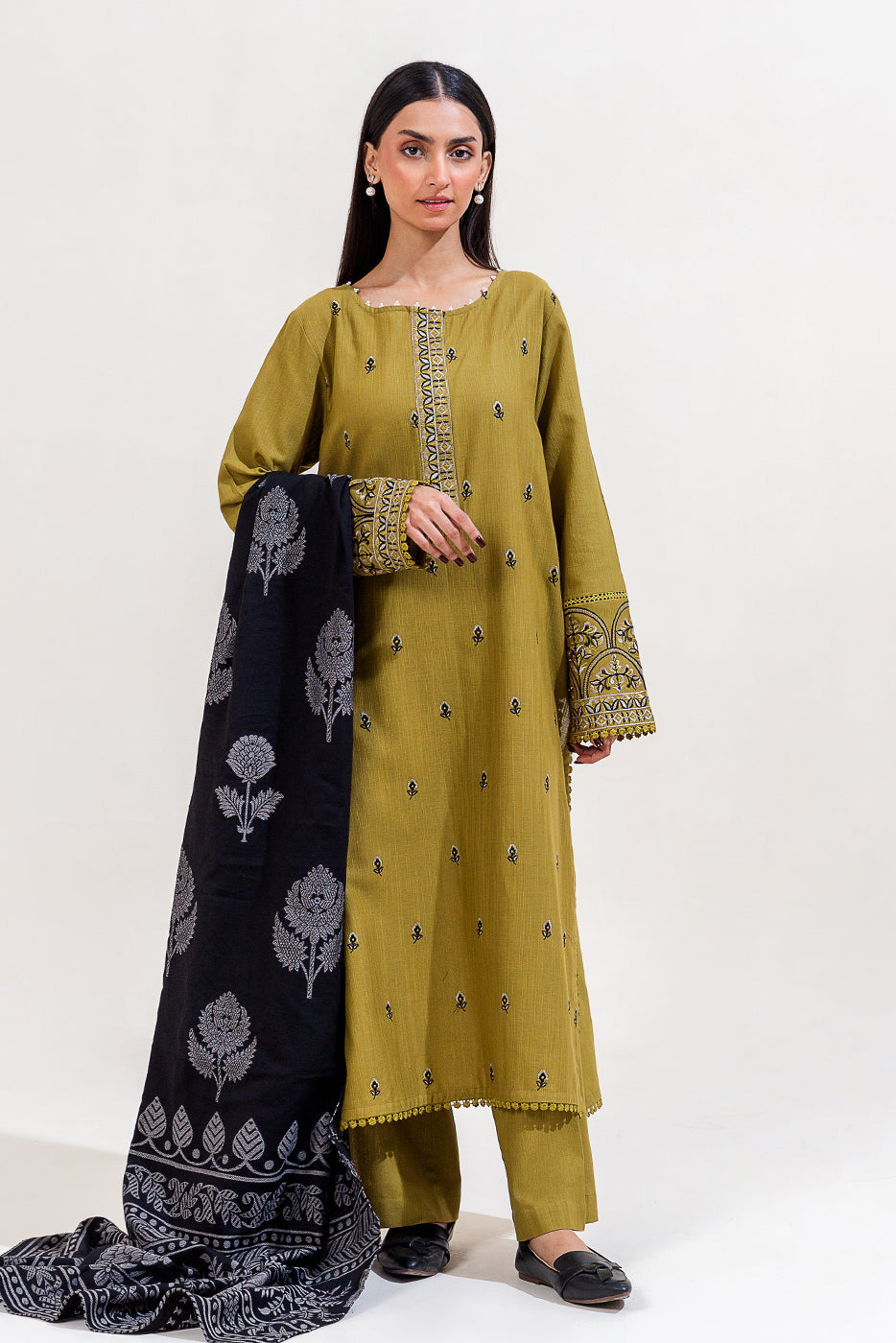 3 PIECE EMBROIDERED KHADDAR SUIT-OLIVE WHISPER (UNSTITCHED)