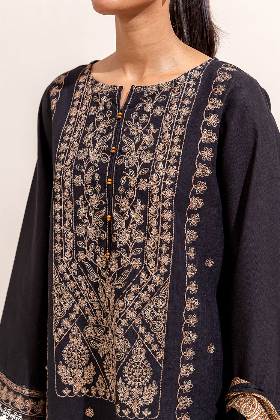 3 PIECE EMBROIDERED KHADDAR SUIT-RAVEN GOLD (UNSTITCHED)