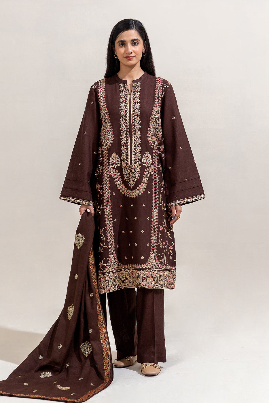 3 PIECE EMBROIDERED KHADDAR SUIT-CEDAR TAN (UNSTITCHED)