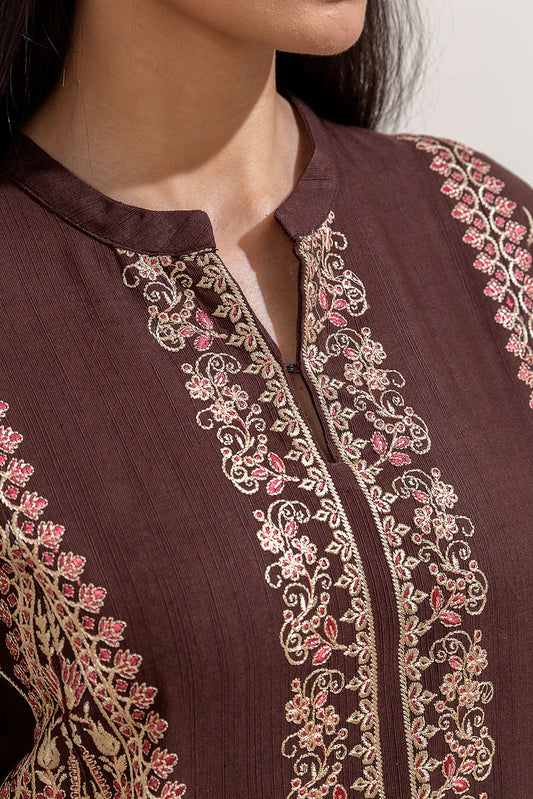 3 PIECE EMBROIDERED KHADDAR SUIT-CEDAR TAN (UNSTITCHED)