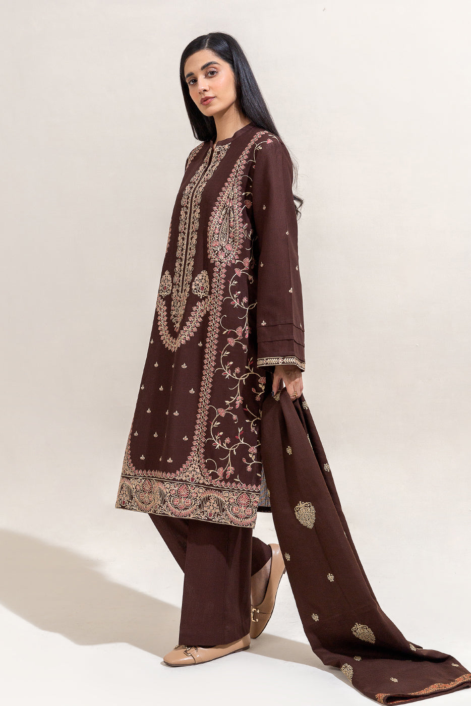 3 PIECE EMBROIDERED KHADDAR SUIT-CEDAR TAN (UNSTITCHED)