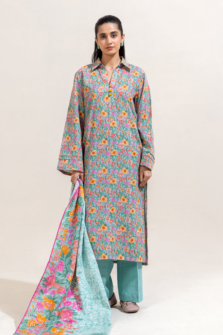 2 PIECE PRINTED KHADDAR SUIT-AQUA BLOOM (UNSTITCHED)