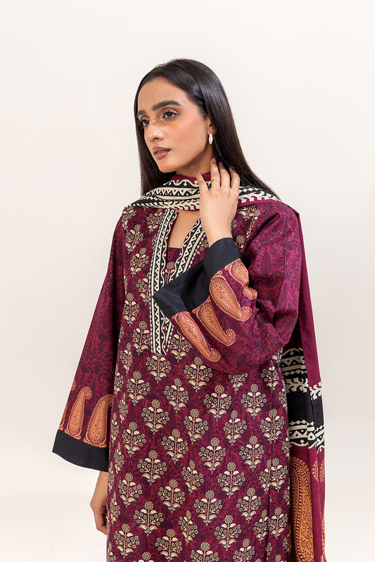 3 PIECE PRINTED KHADDAR SUIT-DEEP BERRY (UNSTITCHED)