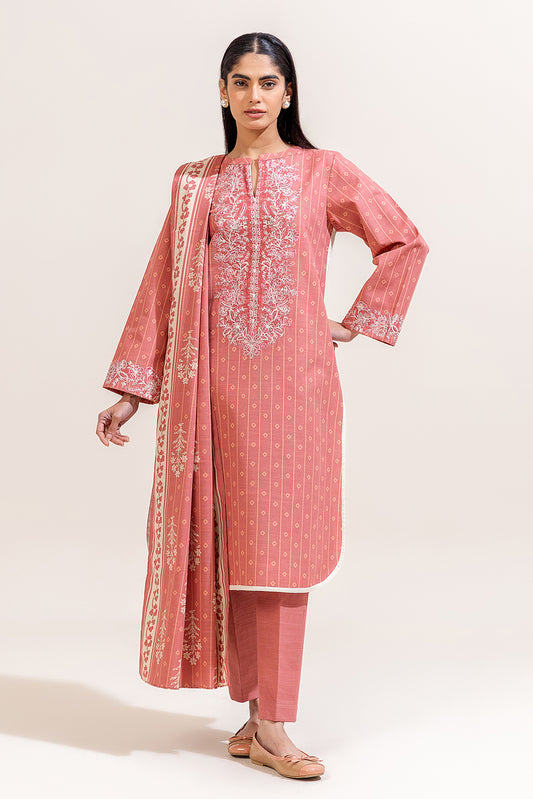 3 PIECE EMBROIDERED KHADDAR SUIT-CORAL CREPE (UNSTITCHED)