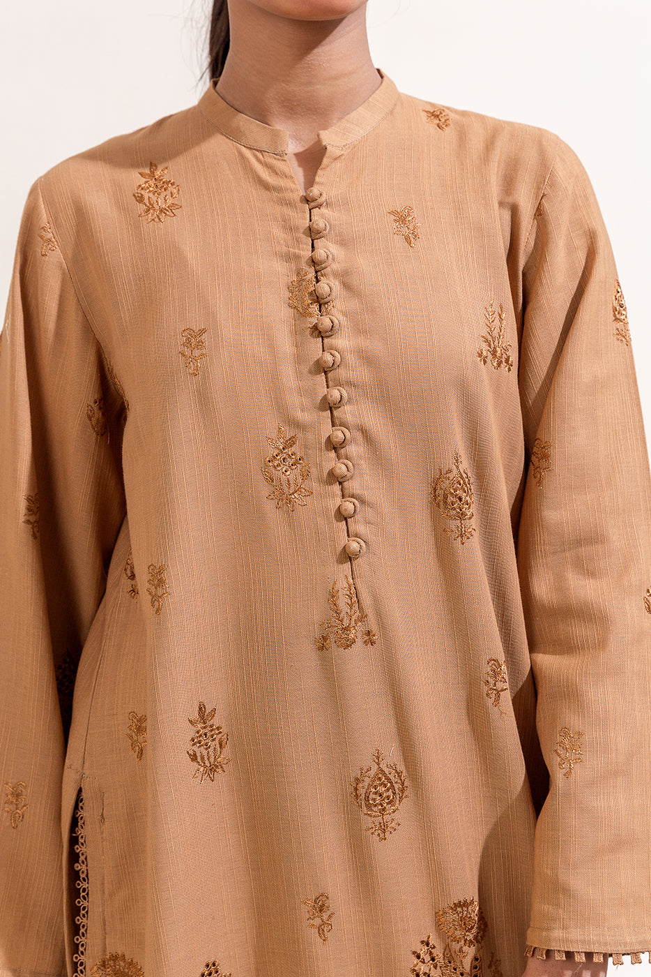 3 PIECE EMBROIDERED KHADDAR SUIT-LINEN BLONDE (UNSTITCHED)