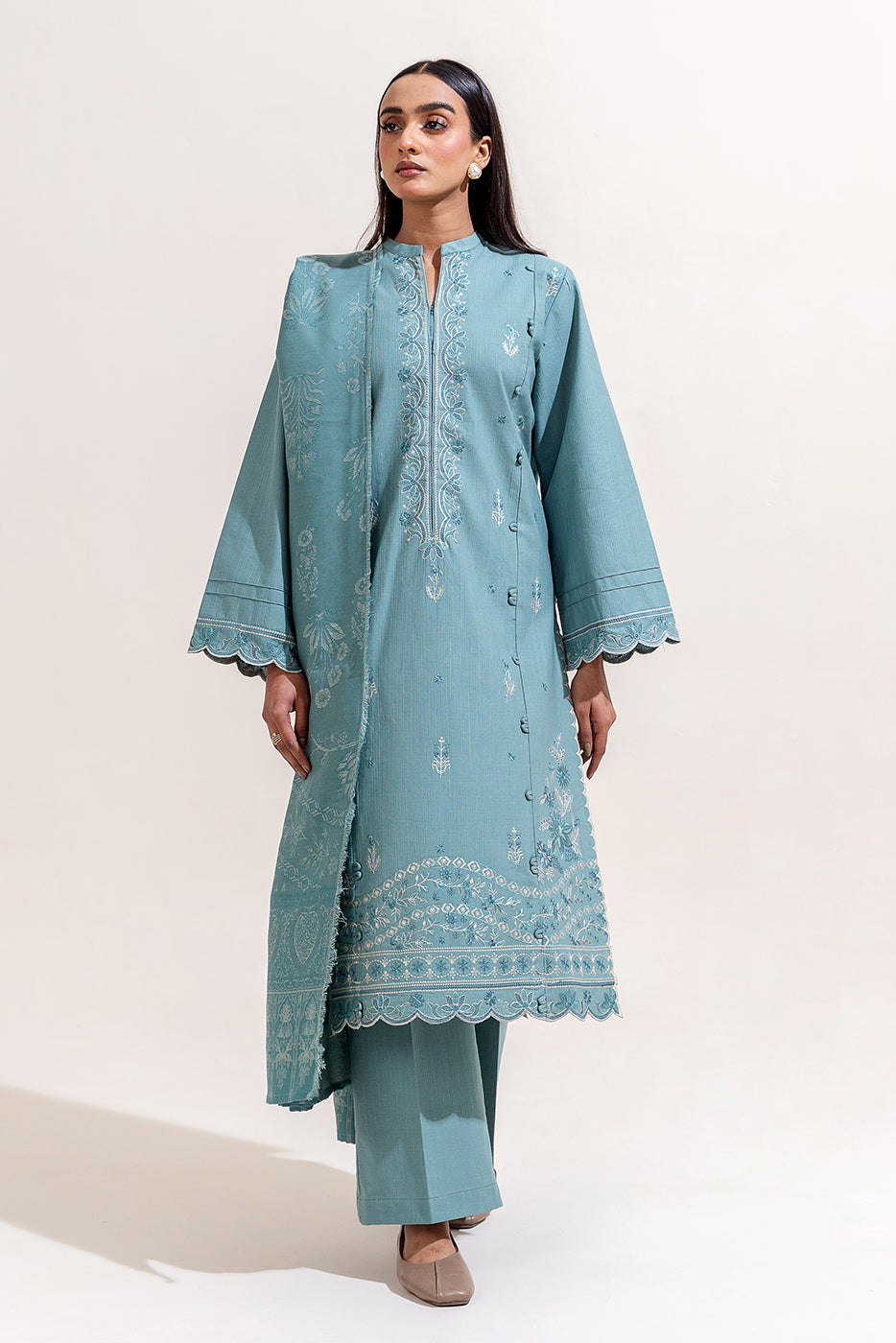 3 PIECE EMBROIDERED KHADDAR SUIT-SILT GREEN (UNSTITCHED)