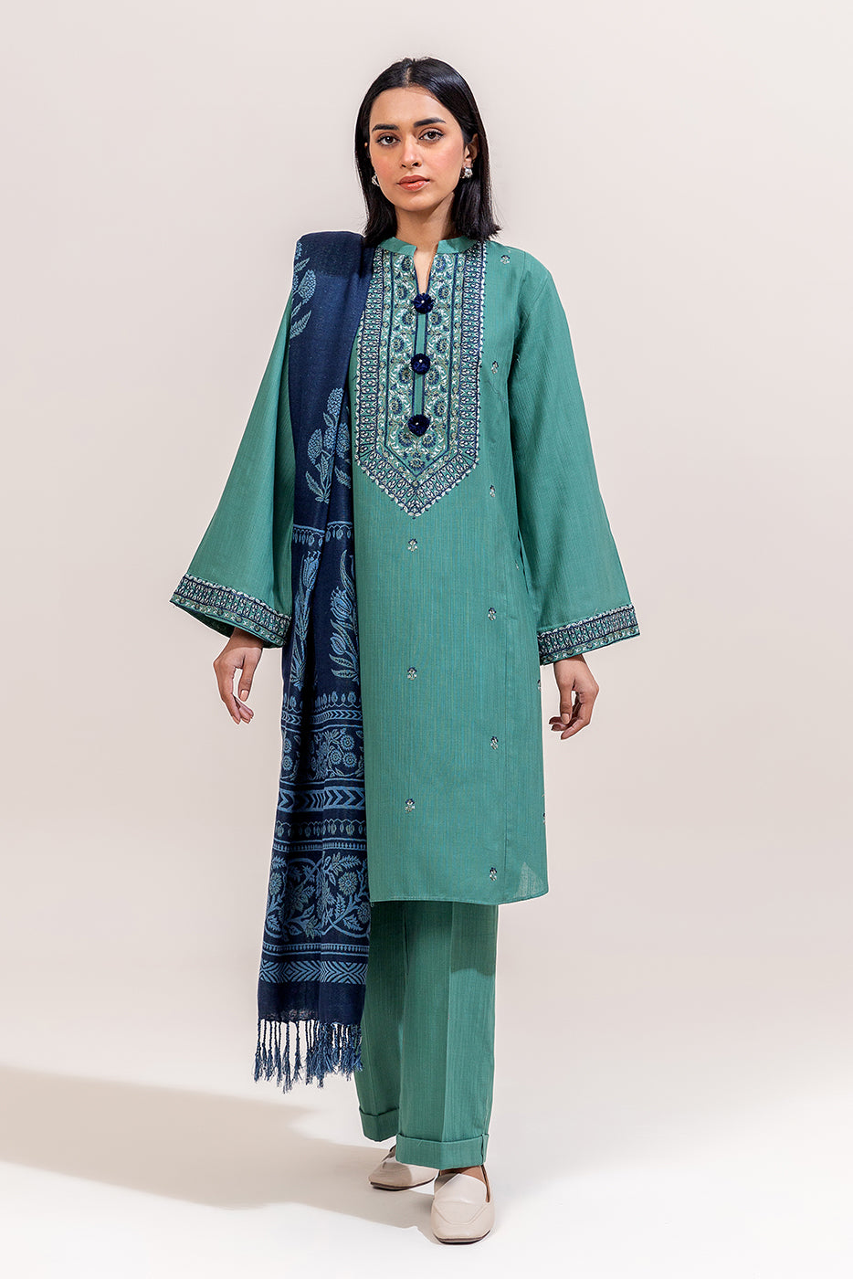 3 PIECE EMBROIDERED KHADDAR SUIT-TURKISH BLUE (UNSTITCHED)