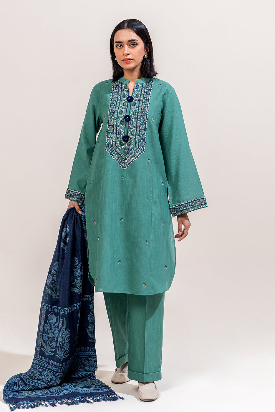 3 PIECE EMBROIDERED KHADDAR SUIT-TURKISH BLUE (UNSTITCHED)