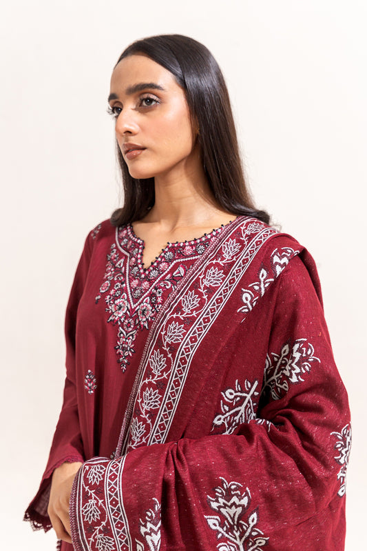 3 PIECE EMBROIDERED KHADDAR SUIT-GARNET WEFT (UNSTITCHED)