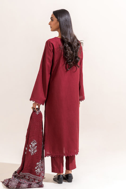 3 PIECE EMBROIDERED KHADDAR SUIT-GARNET WEFT (UNSTITCHED)