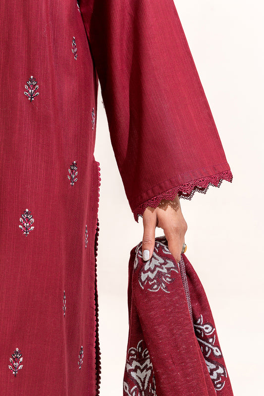 3 PIECE EMBROIDERED KHADDAR SUIT-GARNET WEFT (UNSTITCHED)