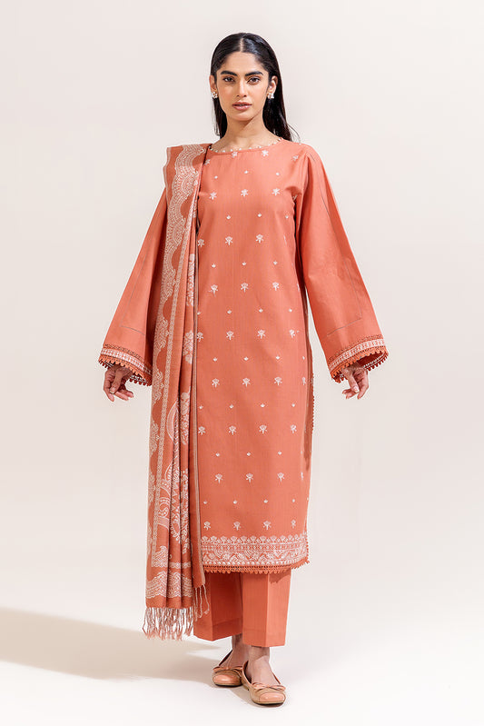 3 PIECE EMBROIDERED KHADDAR SUIT-PINK FLORA (UNSTITCHED)