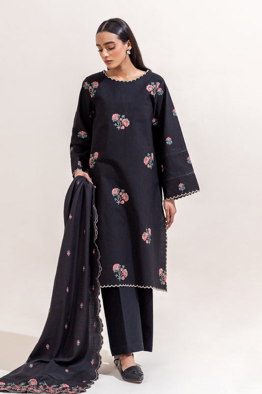 3 PIECE EMBROIDERED SLUB KHADDAR SUIT-BLACK BEAUTY (UNSTITCHED)