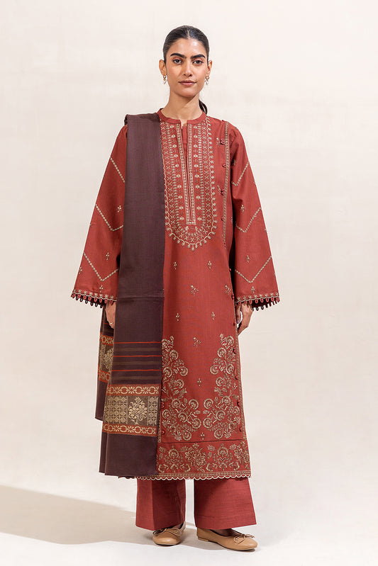 3 PIECE EMBROIDERED KHADDAR SUIT-RUST FOSSIL (UNSTITCHED)