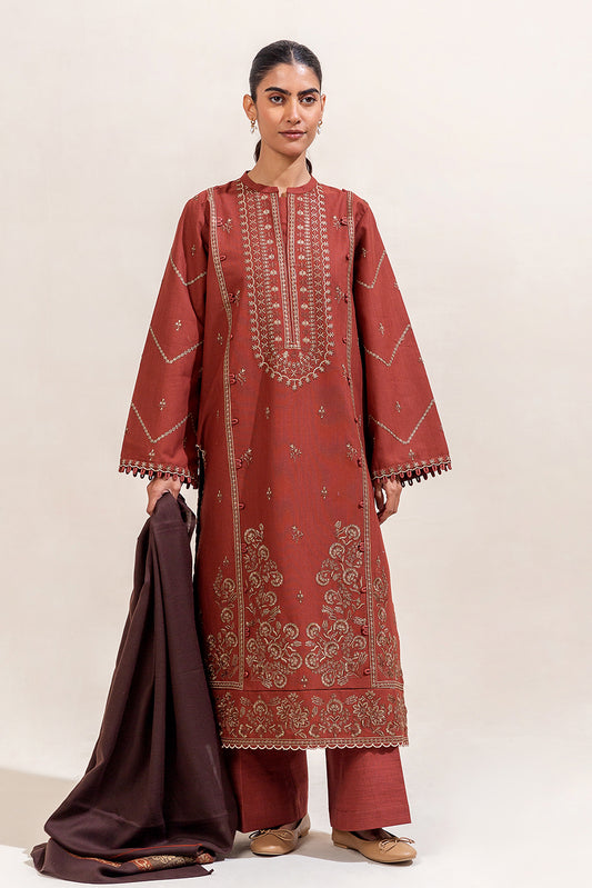 3 PIECE EMBROIDERED KHADDAR SUIT-RUST FOSSIL (UNSTITCHED)