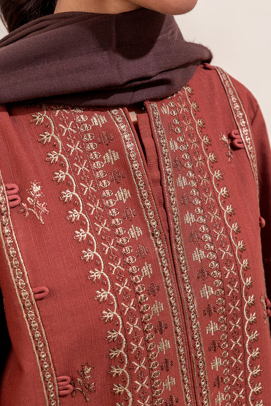 3 PIECE EMBROIDERED KHADDAR SUIT-RUST FOSSIL (UNSTITCHED)