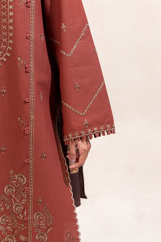 3 PIECE EMBROIDERED KHADDAR SUIT-RUST FOSSIL (UNSTITCHED)