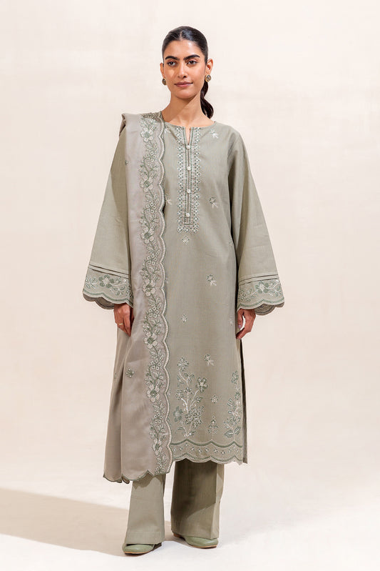 3 PIECE EMBROIDERED KHADDAR SUIT-OLIVE DESIRE (UNSTITCHED)