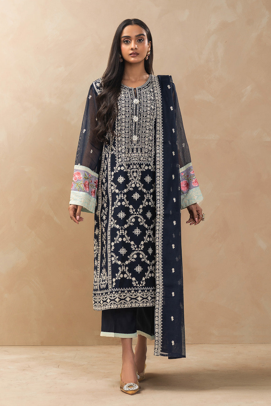 3 PIECE EMBROIDERED COTTON NET SUIT (LUXURY-PRET)