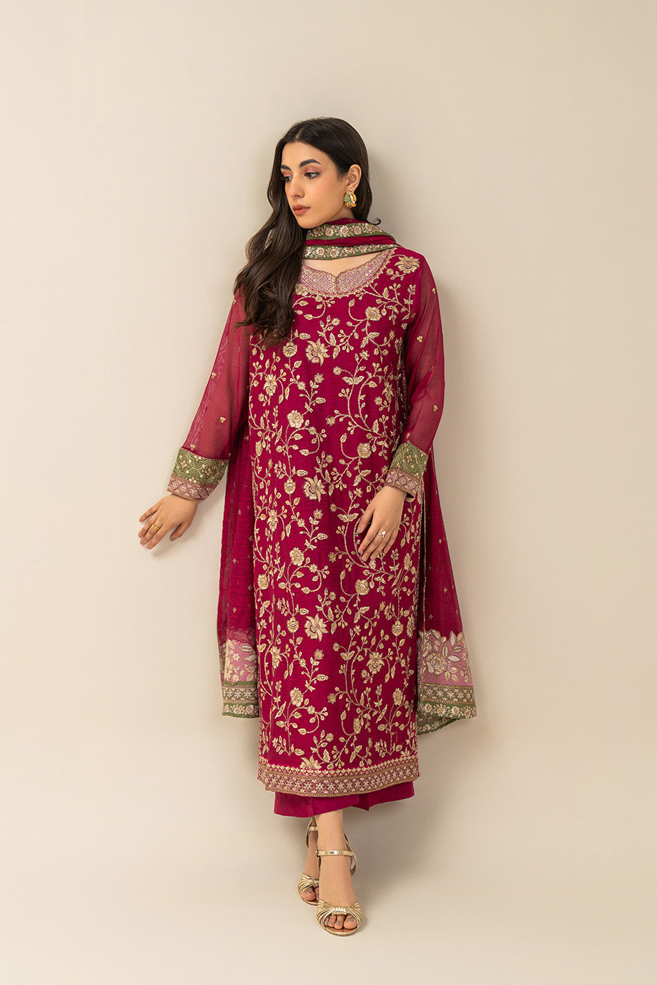 3 PIECE EMBROIDERED COTTON NET SUIT (LUXURY PRET)