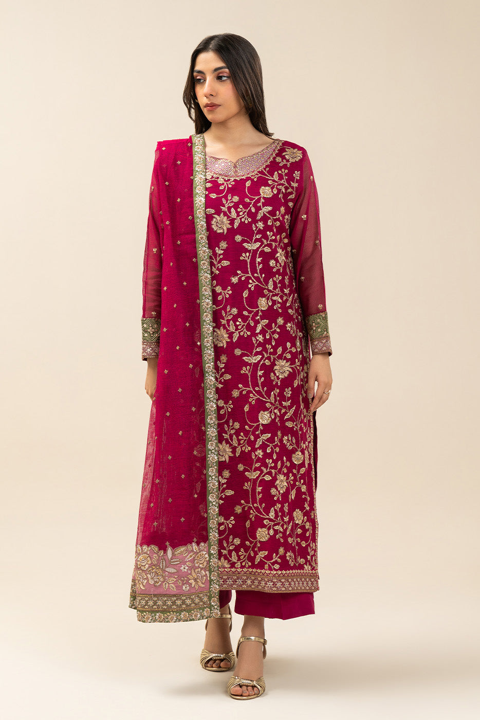 3 PIECE EMBROIDERED COTTON NET SUIT (LUXURY PRET)