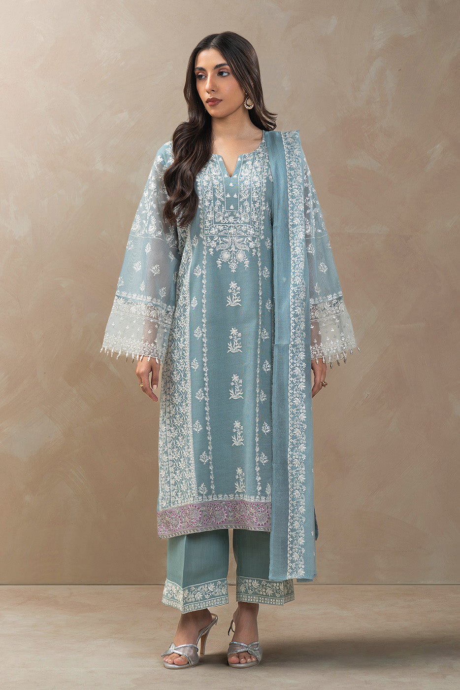 3 PIECE EMBROIDERED COTTON NET SUIT (LUXURY-PRET)