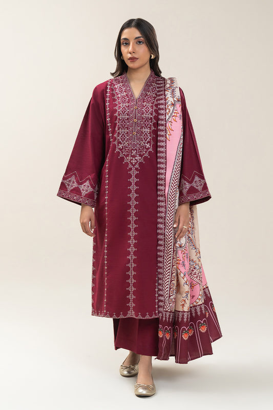 3 PIECE EMBROIDERED SLUB KHADDAR SUIT (PRET)