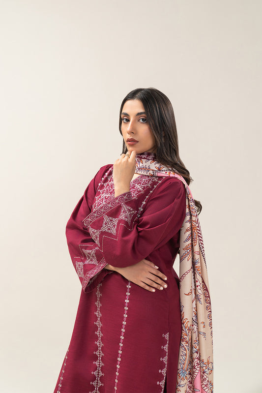 3 PIECE EMBROIDERED SLUB KHADDAR SUIT (PRET)