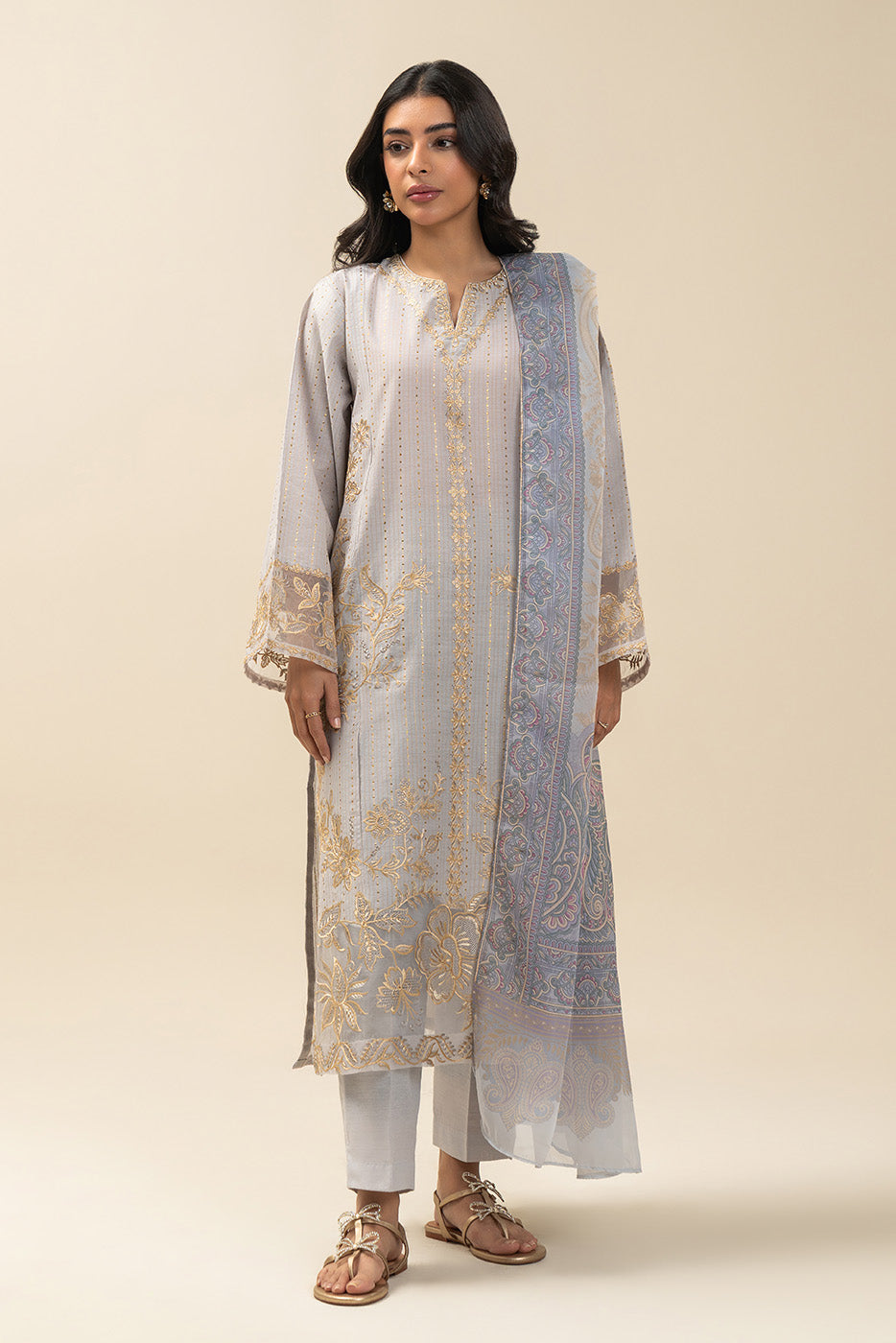 3 PIECE EMBROIDERED TWO TONE SUIT (PRET)