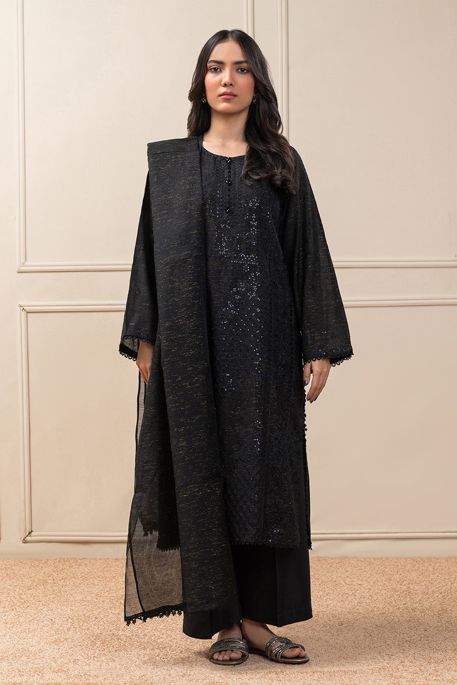 3 PIECE EMBROIDERED ZARI PAPER COTTON SUIT (PRET)