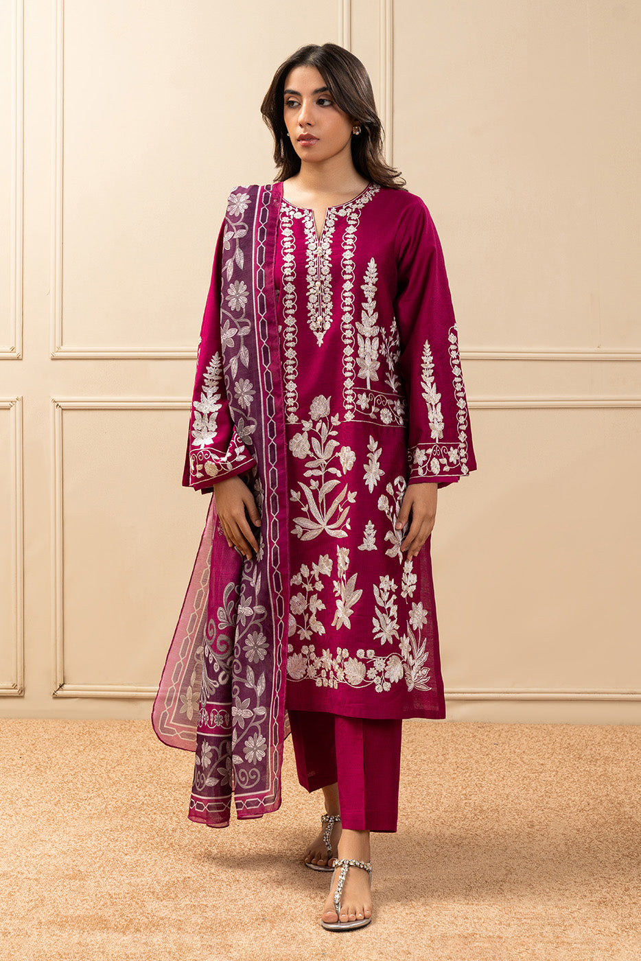 3 PIECE EMBROIDERED TWO TONE SUIT (PRET)