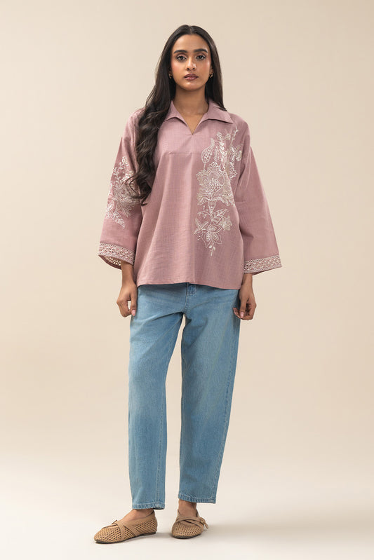 EMBROIDERED TWO WAY SLUB SHIRT (PRET)