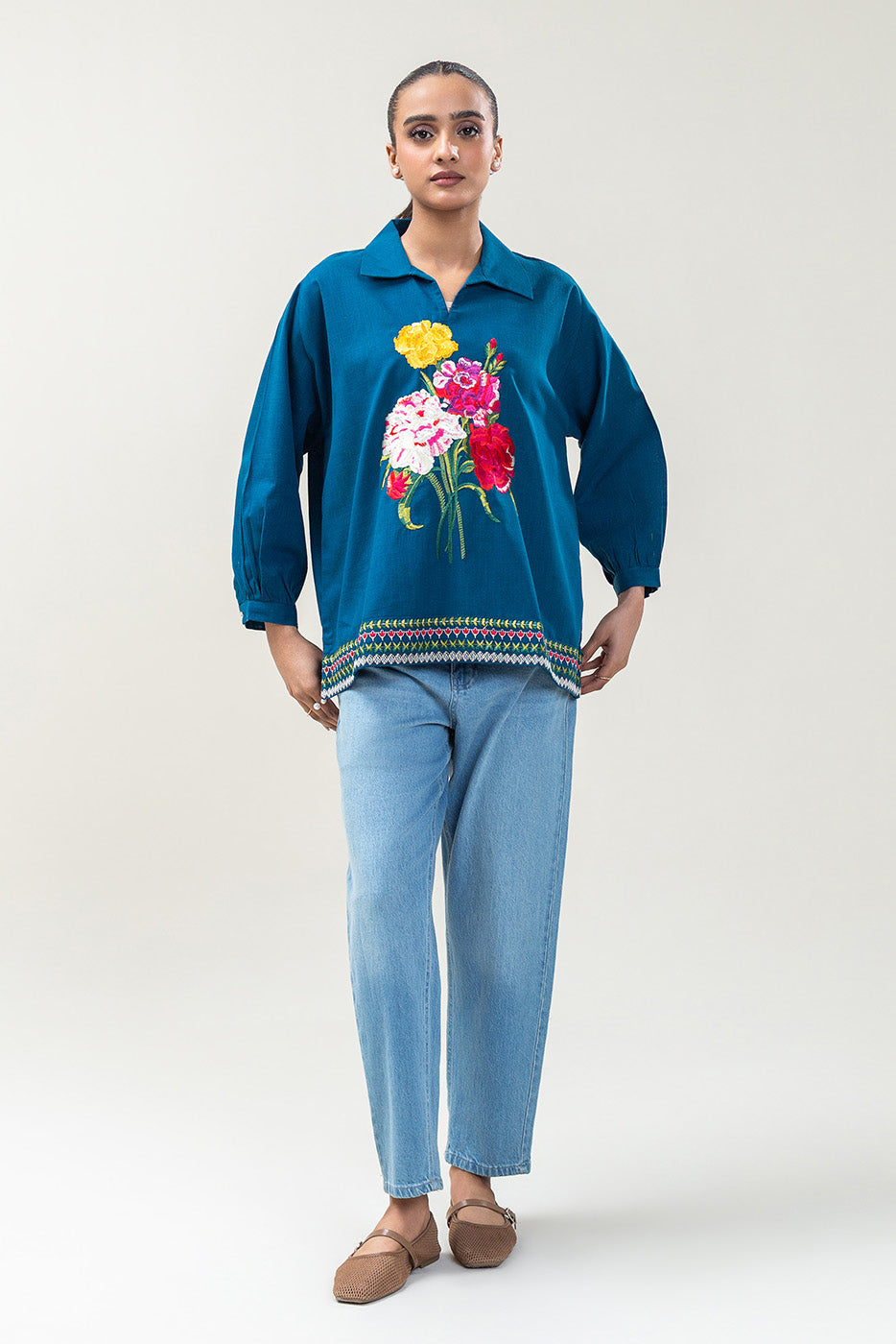 EMBROIDERED TWO WAY SLUB TOP (PRET)