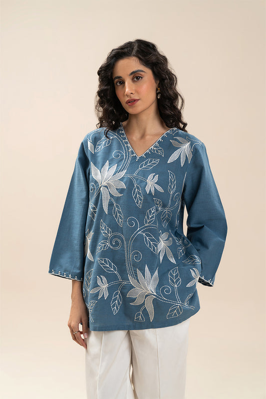 EMBROIDERED TWO WAY SLUB SHIRT (PRET)