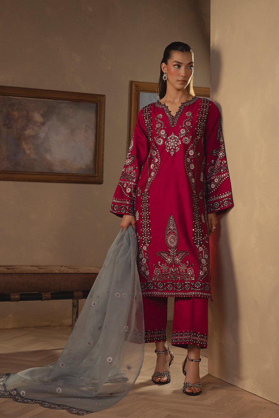 3 PIECE EMBROIDERED TWO TONE SUIT (LUXURY PRET)