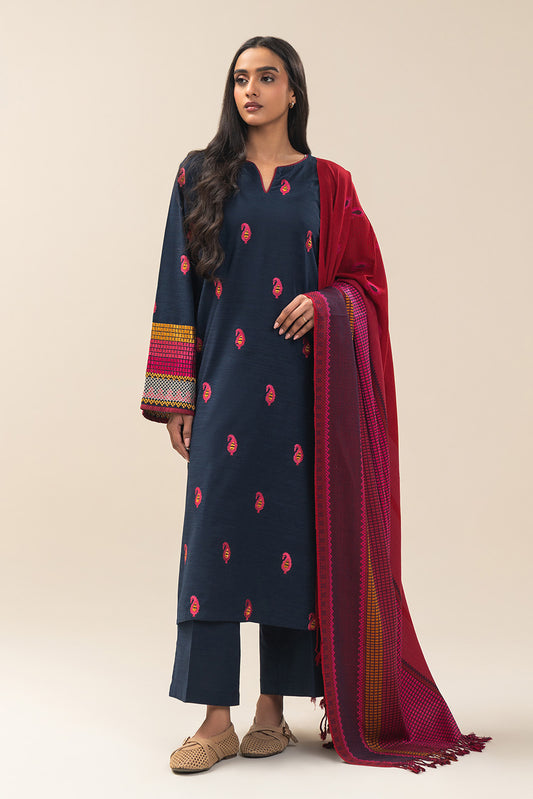 3 PIECE EMBROIDERED SLUB KHADDAR SUIT (PRET)