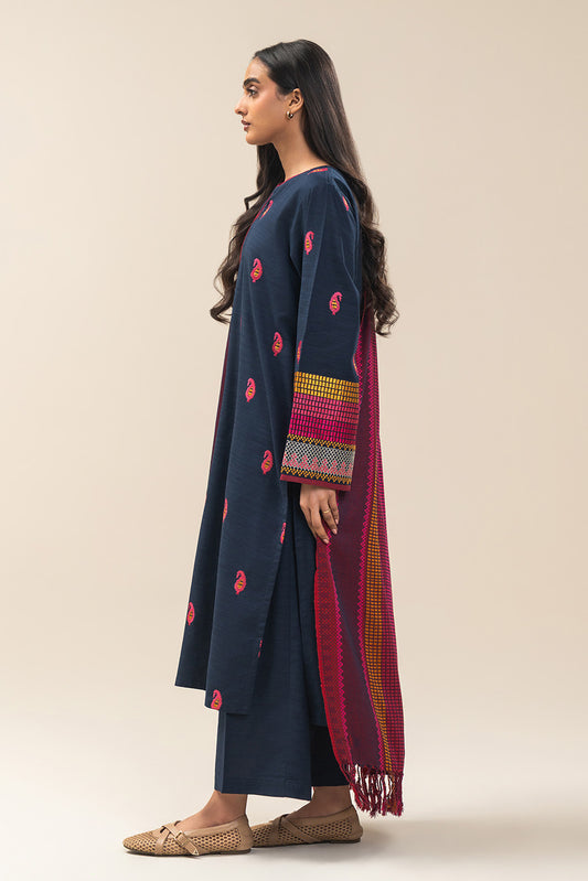 3 PIECE EMBROIDERED SLUB KHADDAR SUIT (PRET)