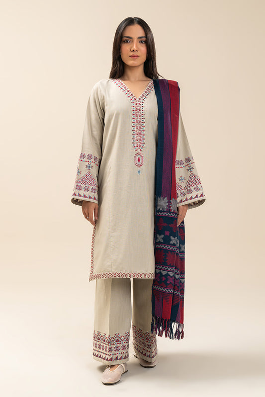 3 PIECE EMBROIDERED SLUB KHADDAR SUIT (PRET)