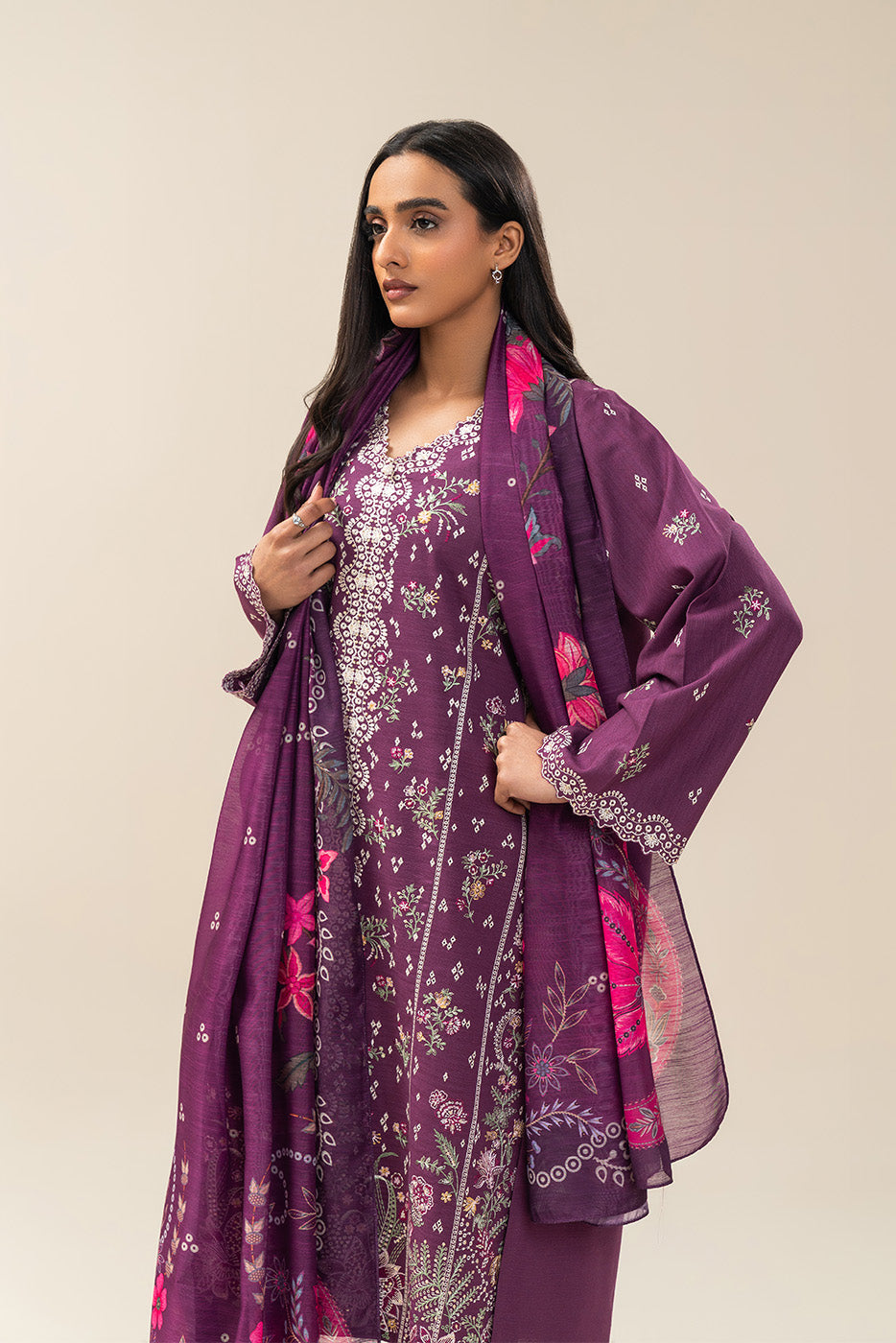 3 PIECE EMBROIDERED SLUB KHADDAR SUIT (PRET)