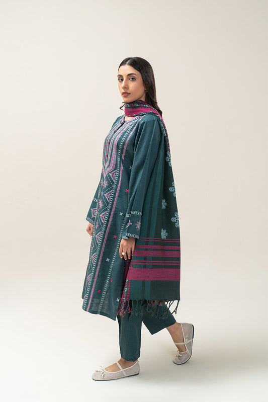 3 PIECE EMBROIDERED SLUB KHADDAR SUIT (PRET)