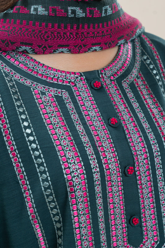 3 PIECE EMBROIDERED SLUB KHADDAR SUIT (PRET)