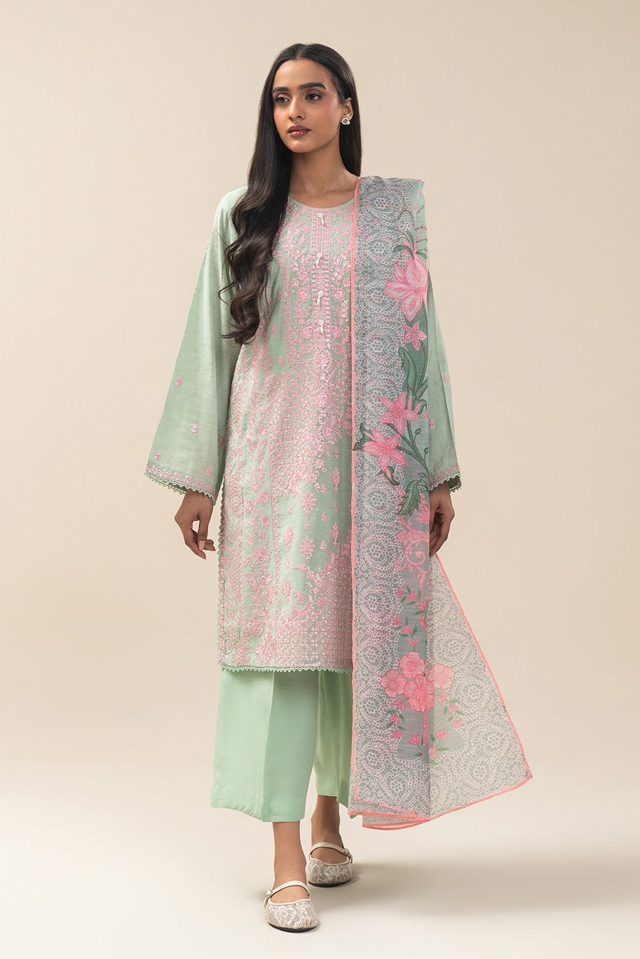 3 PIECE EMBROIDERED GOLD ZARI SUIT (PRET)