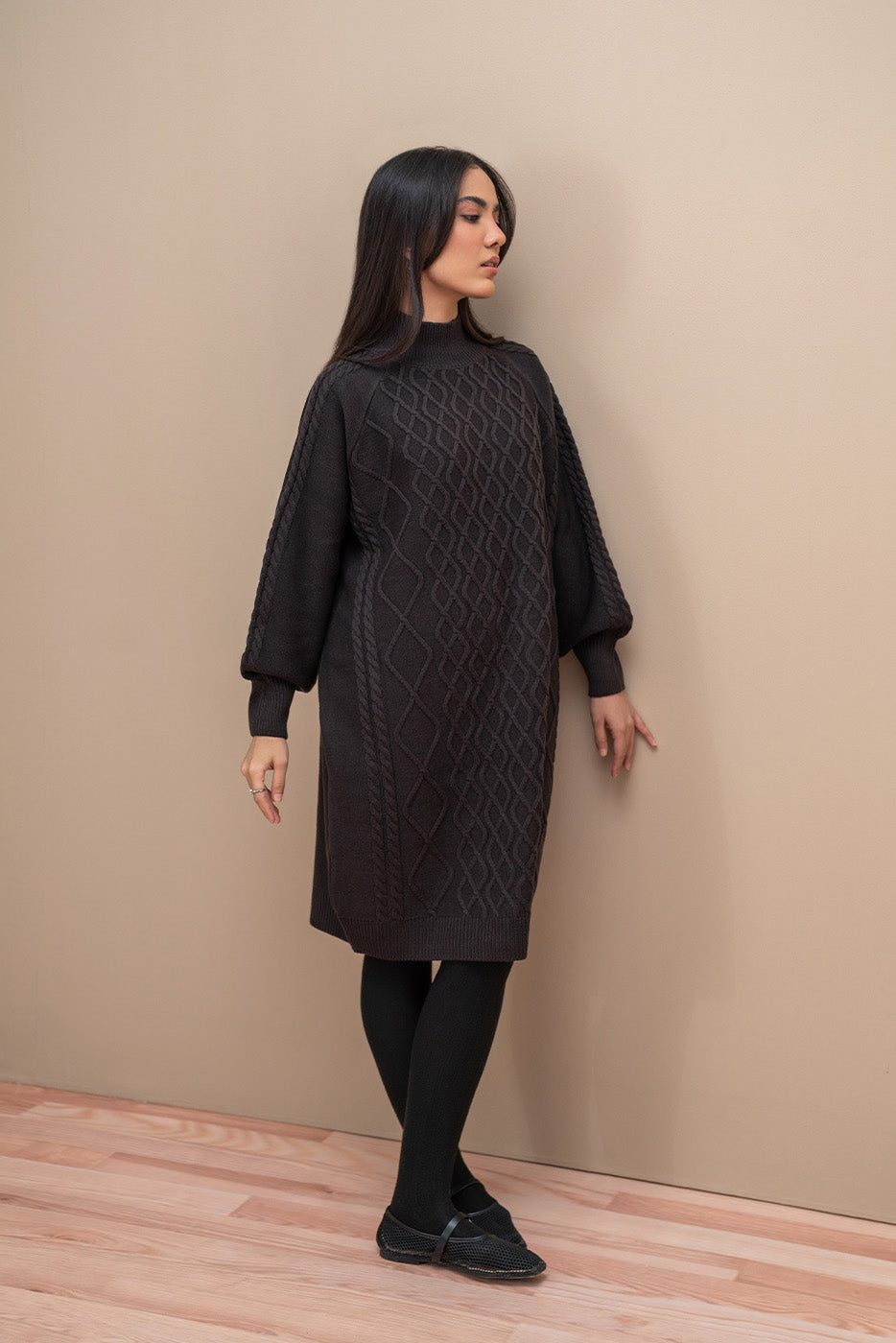 MOCK NECK BALLOON SLEEVE DRESS