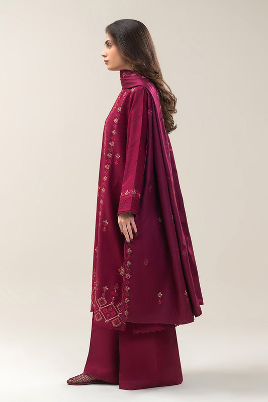 3 PIECE EMBROIDERED SLUB KHADDAR SUIT-MAGENTA VERVE (UNSTITCHED)