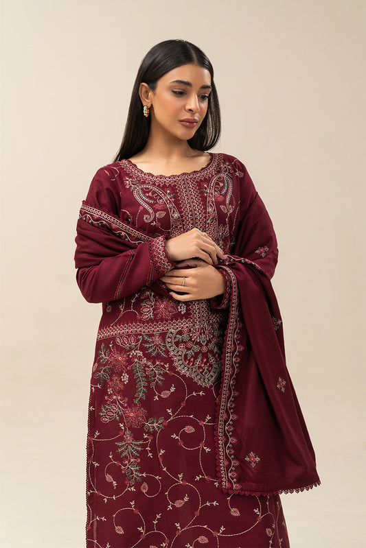 3 PIECE EMBROIDERED KHADDAR SUIT-POMEGRANATE RED (UNSTITCHED)